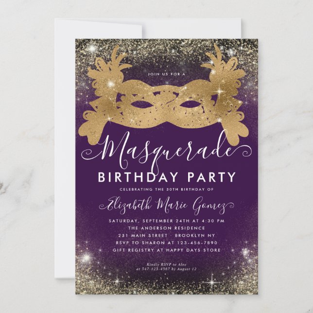 Masquerade Purple Gold Glitter Dust Birthday Party Invitation (Front)