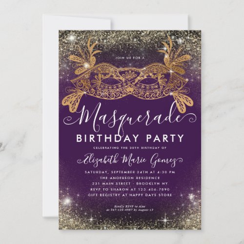 Masquerade Purple Gold Glitter Dust Birthday Party Invitation