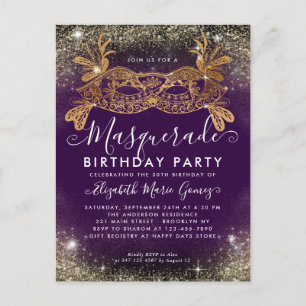 Masquerade Purple Gold Glitter Dust Birthday Party Postcard