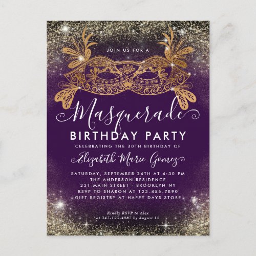 Masquerade Purple Gold Glitter Dust Birthday Party Postcard