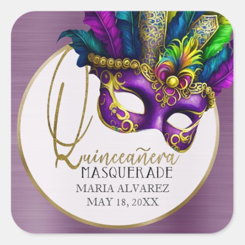 Masquerade Purple Gold Quinceanera  Square Sticker