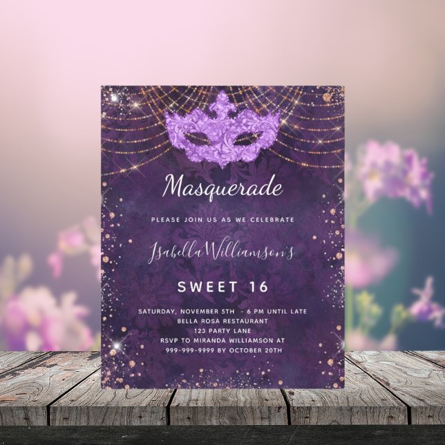 Masquerade purple gold Sweet 16 budget invitation Flyer (Creator Uploaded)