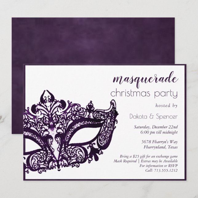 Masquerade Purple Mask | Mardi Gras Holiday Party Invitation (Front/Back)