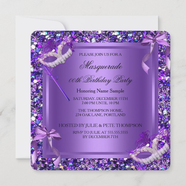 Masquerade Purple Masks Glitter Birthday Party Invitation (Front)