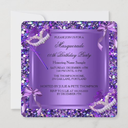 Masquerade Purple Masks Glitter Birthday Party Invitation