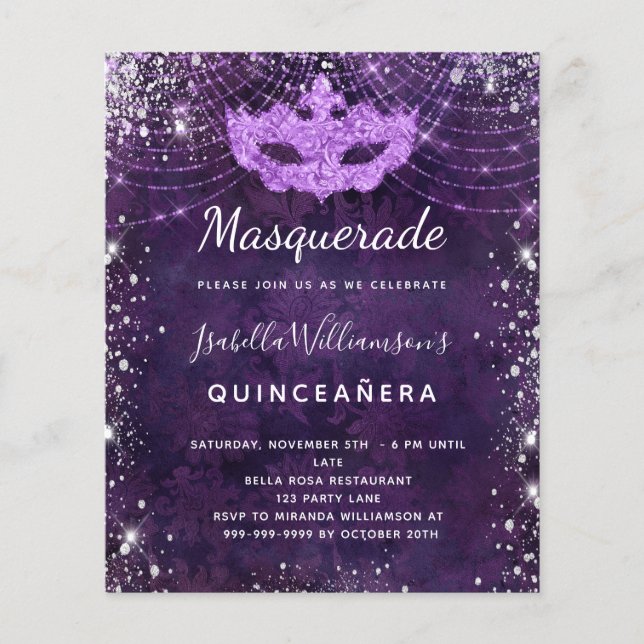 Masquerade purple Quinceanera budget invitation Flyer (Front)
