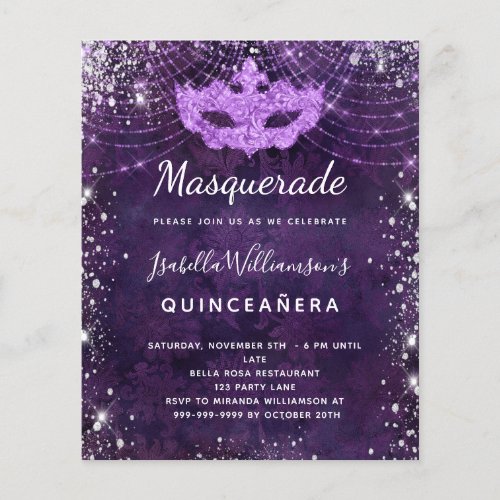 Masquerade purple Quinceanera budget invitation Flyer