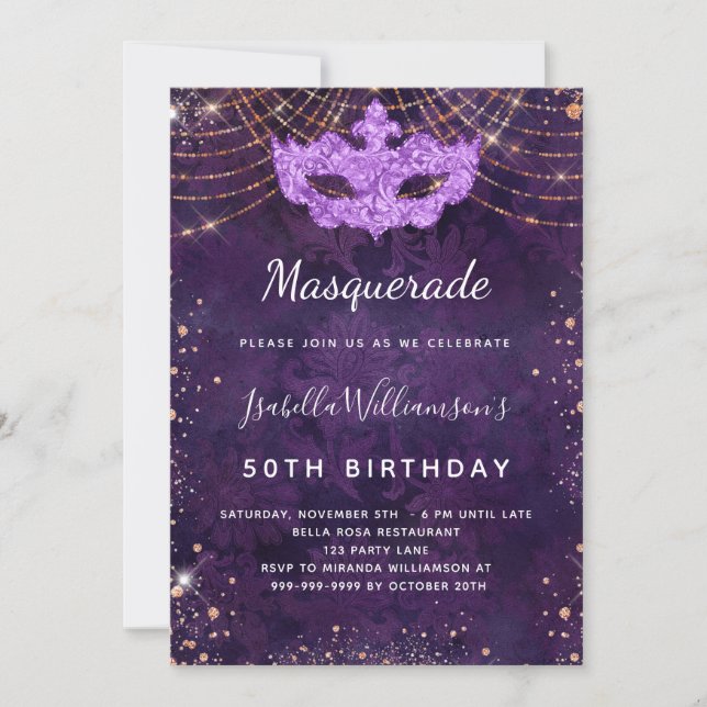 Masquerade purple rose gold glitter birthday party invitation (Front)