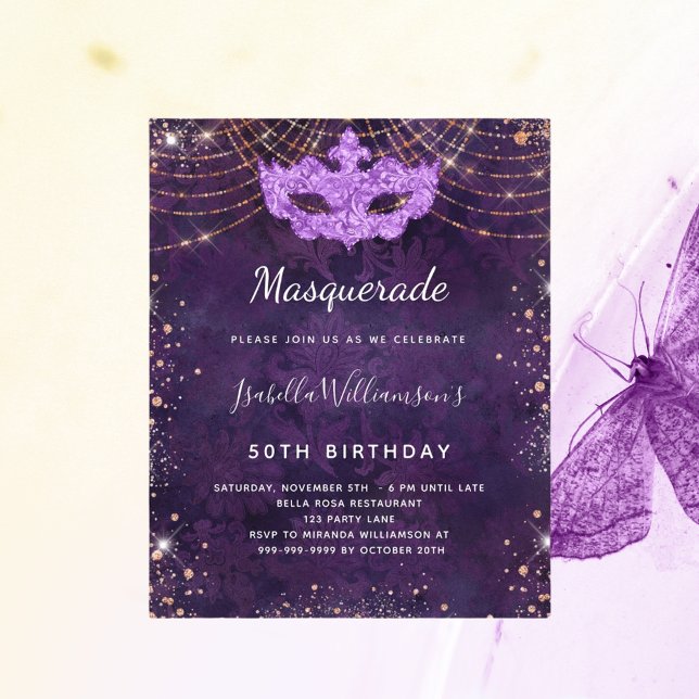 Masquerade purple rose gold party invitation (Creator Uploaded)