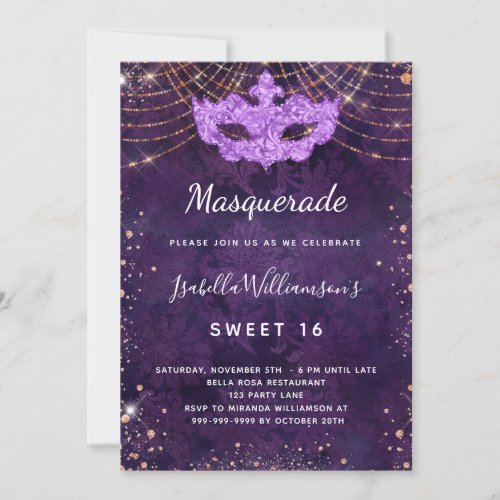 Masquerade purple rose gold Sweet 16 party Invitation