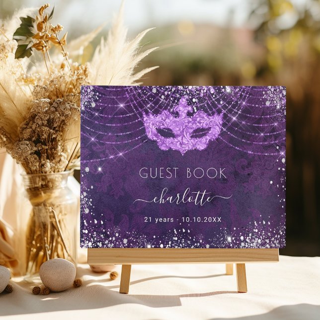 Masquerade purple silver glitter dust birthday guest book (Creator Uploaded)