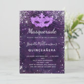 Masquerade purple silver glitter dust Quinceanera Invitation (Standing Front)