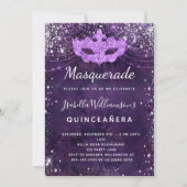 Masquerade purple silver glitter dust Quinceanera Invitation (Front)