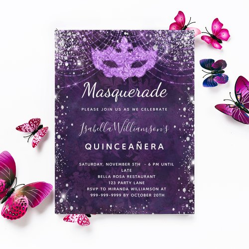 Masquerade purple silver glitter dust Quinceanera Invitation Postcard