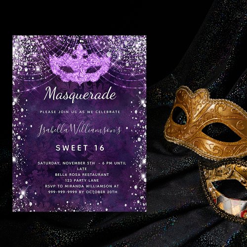 Masquerade purple silver glitter dust Sweet 16 Invitation Postcard