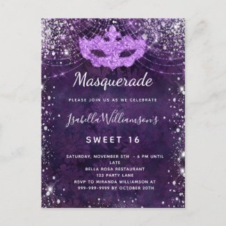 Masquerade purple silver glitter dust Sweet 16 Invitation Postcard