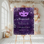 Masquerade purple silver glitter Sweet 16 Foam Board<br><div class="desc">A welcome board for a girly and glamorous Sweet 16,  16th birthday party. A deep purple floral lace pattern as background. Decorated with faux silver glitter dust and a masquerade mask.  Personalize and add a name.
Back: no design</div>