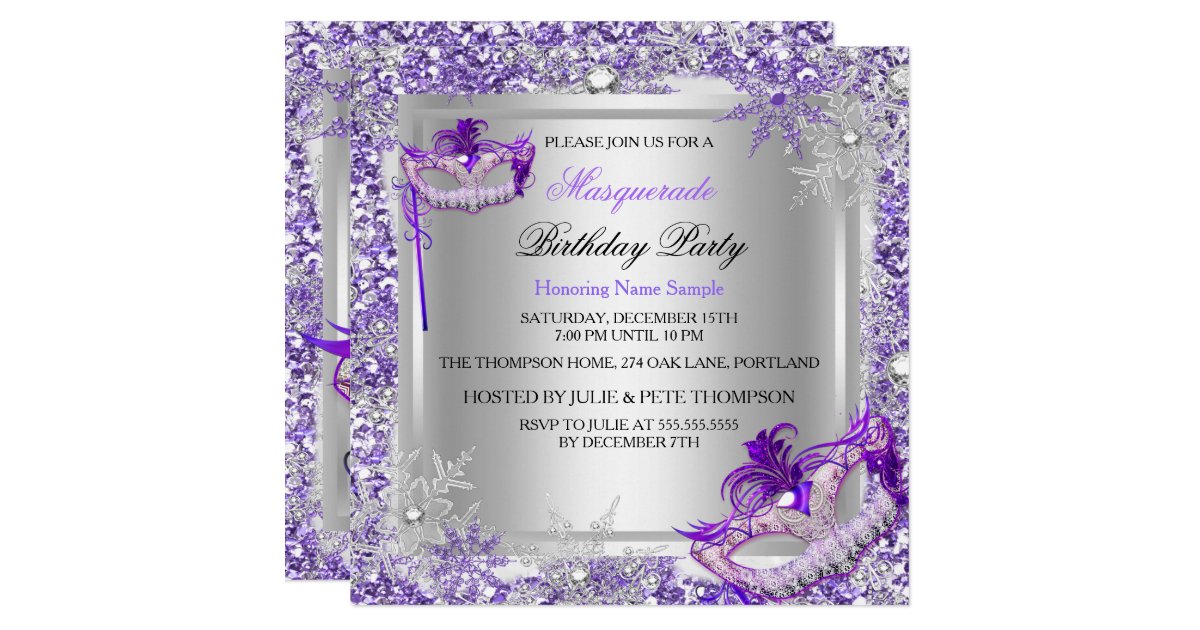Masquerade Purple Silver Snowflakes Masks Party Invitation | Zazzle.com