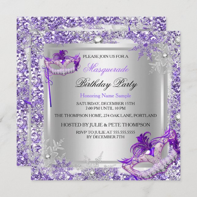 Masquerade Purple Silver Snowflakes Masks Party Invitation (Front/Back)