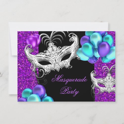Masquerade Purple Teal Blue Glitter Party Invitation