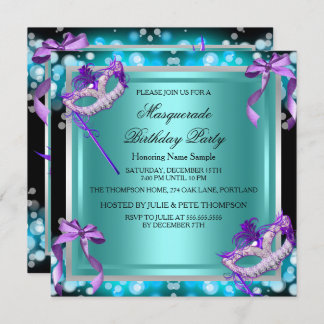 Masquerade Purple Teal Masks Birthday Party Invitation