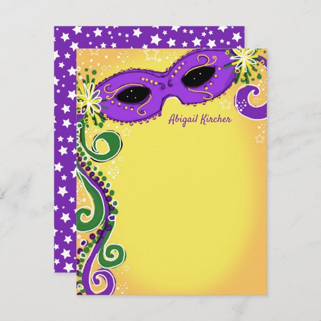 Masquerade Purple Yellow Mask Ball Sweet 16 Flat Note Card (Front/Back)