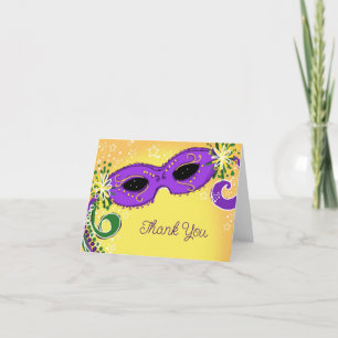 Masquerade Purple Yellow Mask Whimsical Stars Letterpress Thank You Card