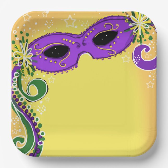 Masquerade Purple Yellow Mask Whimsical Stars Paper Plates (Front)