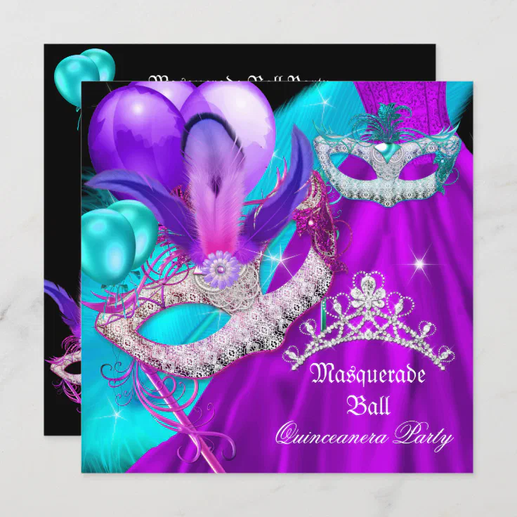 Quinceanera Masquerade mask Turquoise Fuchsia Purple Surprise birthday party 