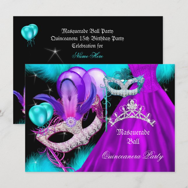Masquerade Quinceanera 15 Party Teal Purple Invitation (Front/Back)
