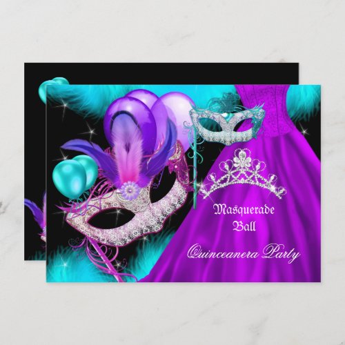 Masquerade Quinceanera 15 Party Teal Purple Invitation