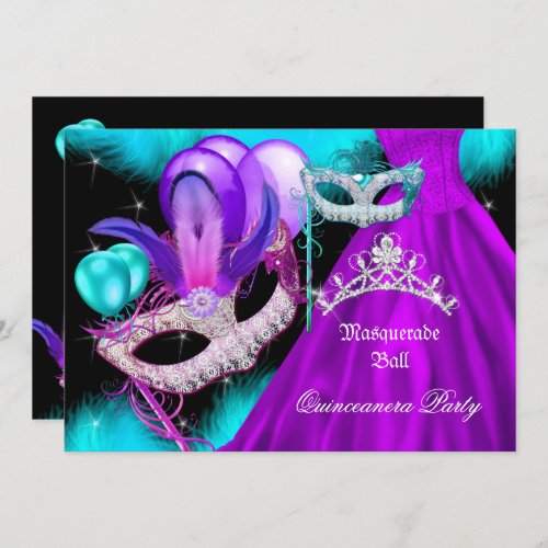 Masquerade Quinceanera 15 Party Teal Purple Invitation