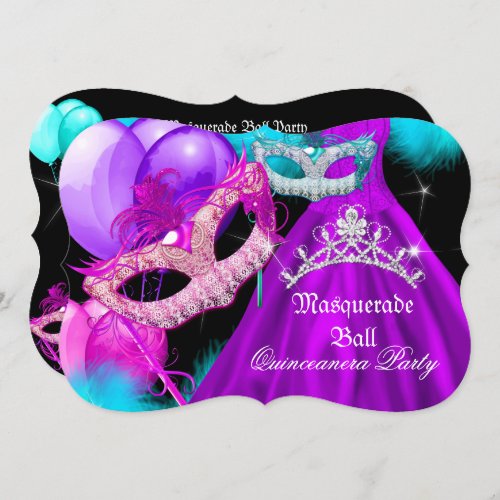 Masquerade Quinceanera 15 Party Teal Purple Pink Invitation