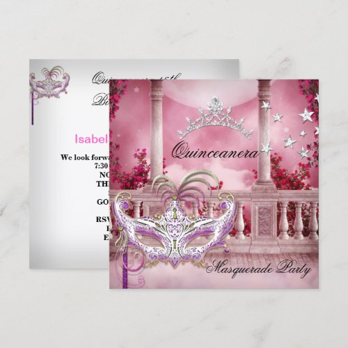 Masquerade Quinceanera 15 Pink Birthday Party Custom Announcements