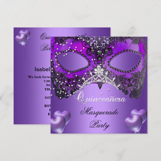 Masquerade Quinceanera 15 Purple Birthday Invitation (Front/Back)