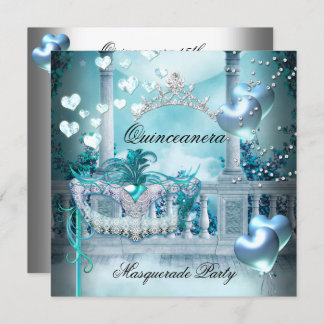 Masquerade Quinceanera 15 Teal Birthday Party Invitation