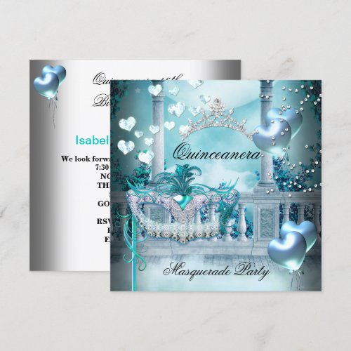Masquerade Quinceanera 15 Teal Birthday Party Custom Invite