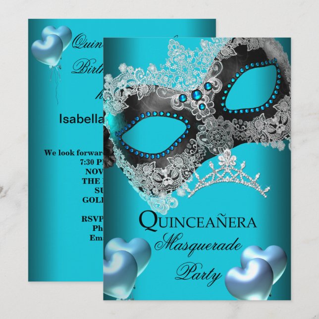 Masquerade Quinceanera 15 Teal Birthday Party Invitation (Front/Back)