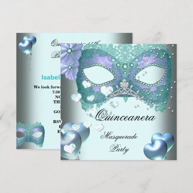 Masquerade Quinceanera 15 Teal Birthday Party Invitation (Front/Back)