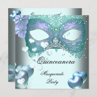 Masquerade Quinceanera 15 Teal Birthday Party Invitation