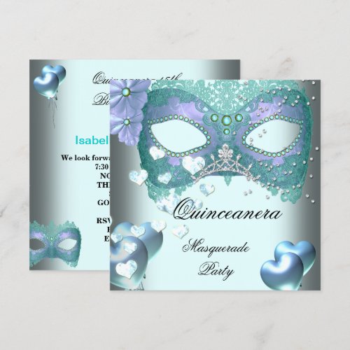 Masquerade Quinceanera 15 Teal Birthday Party Personalized Announcement