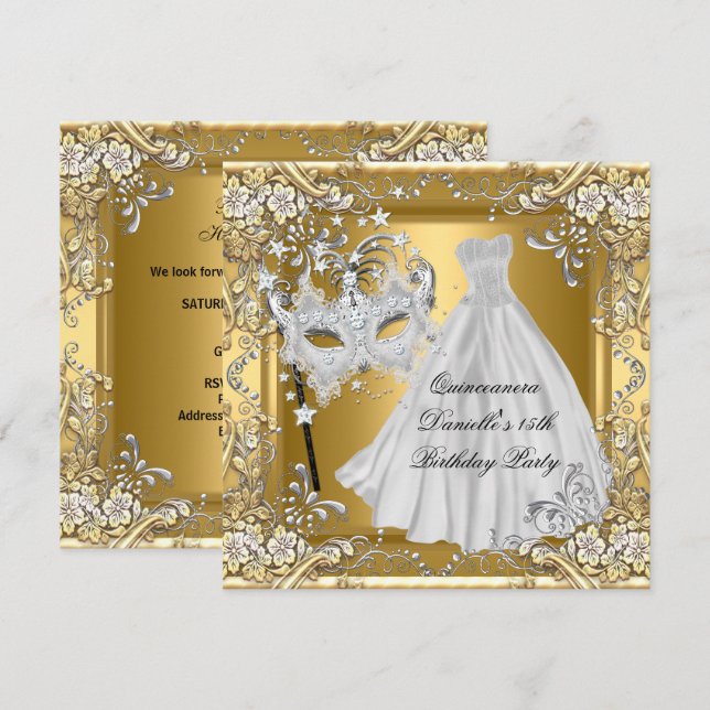Masquerade Quinceanera 15th Birthday Mask Gold 2 Invitation (Front/Back)