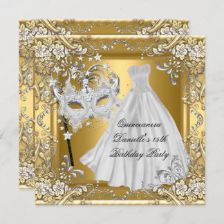 Masquerade Quinceanera 15th Birthday Mask Gold 2 Invitation