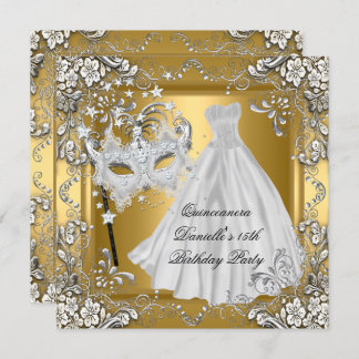 Masquerade Quinceanera 15th Birthday Mask Gold Invitation