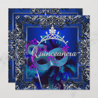 Masquerade Quinceanera 15th Birthday Party Blue Invitation