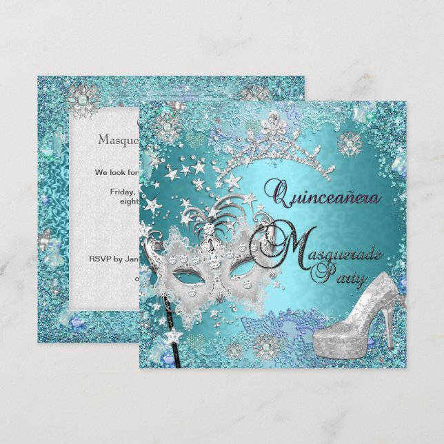 Masquerade Quinceanera 15th Party Blue Tiara Shoe Invitation (Front/Back)
