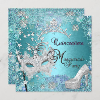 Masquerade Quinceanera 15th Party Blue Tiara Shoe Invitation