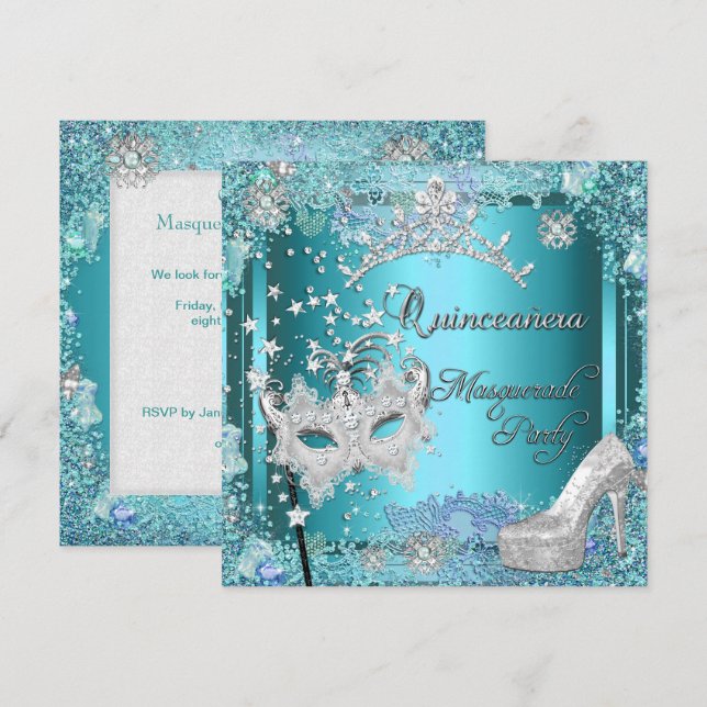 Masquerade Quinceanera 15th Party Blue Tiara Shoe Invitation (Front/Back)