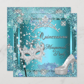 Masquerade Quinceanera 15th Party Blue Tiara Shoe Invitation
