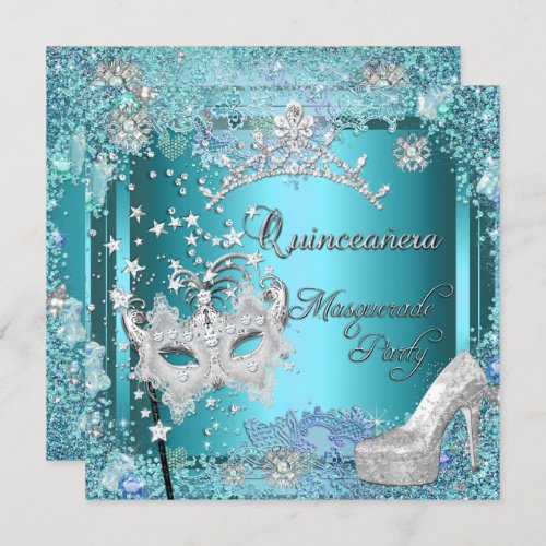 Masquerade Quinceanera 15th Party Blue Tiara Shoe Invitation